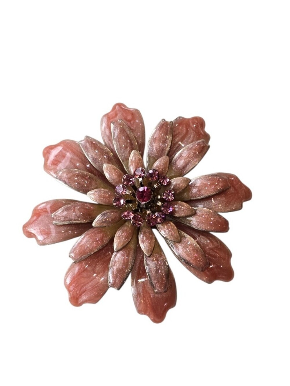 Floral Pink Crystal Enamel Silvertone Metal Vintage Brooch Pin